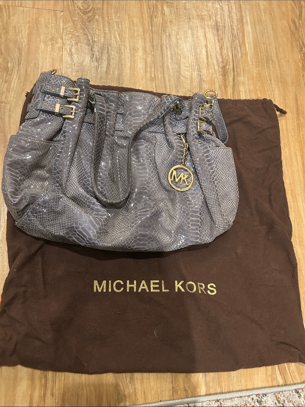 Michael Kors Charcoal Snake-Embossed Shoulder Bag with Gold Hardware